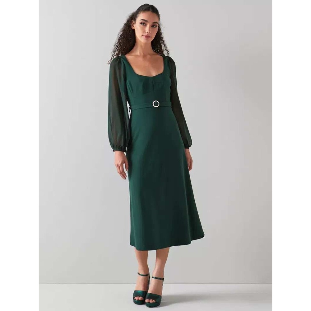 LK Bennett London Perdy Forest Green Sheer Sleeve Midi Dress US 6 NWT